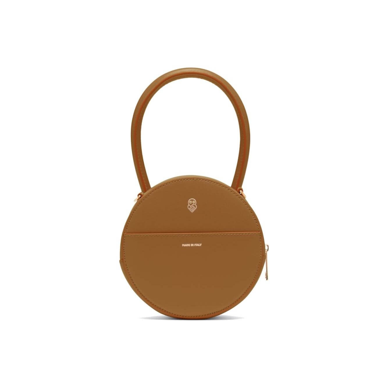 Camel brown Az Factory x Ester Manas Round Cake tote bag with circular top handle and logo stamp, made from calf leather.