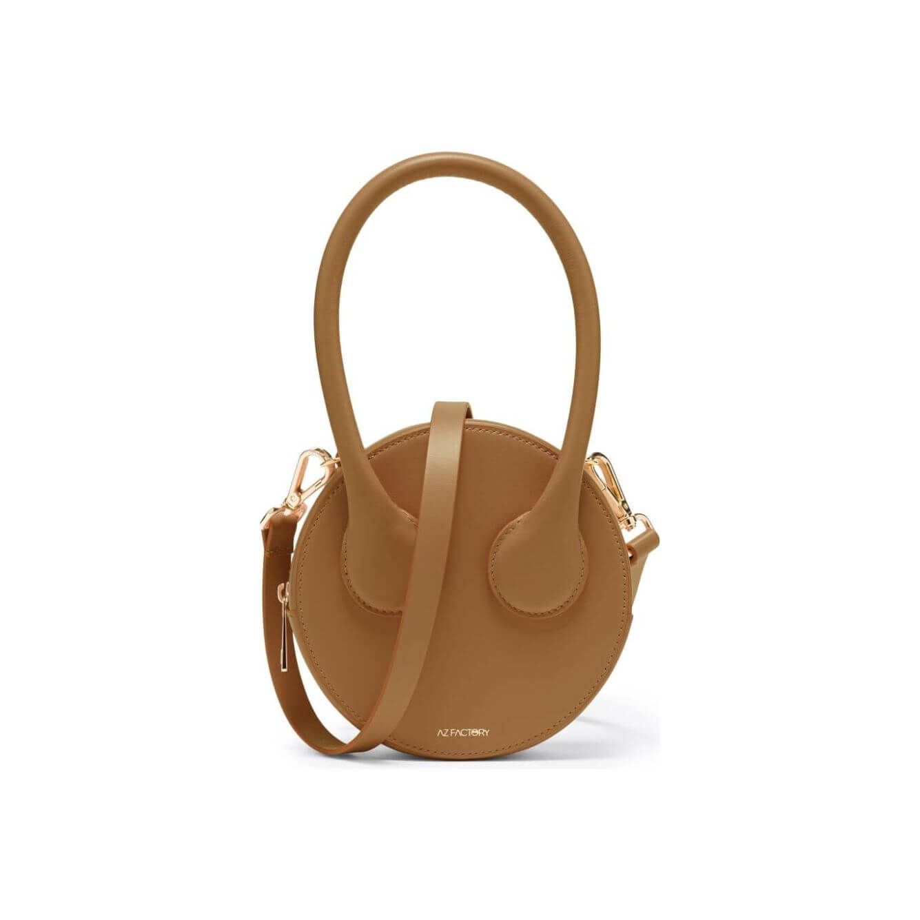 Camel brown Az Factory x Ester Manas Round Cake tote bag with circular handle and detachable strap, featuring logo stamp and smooth grain leather.