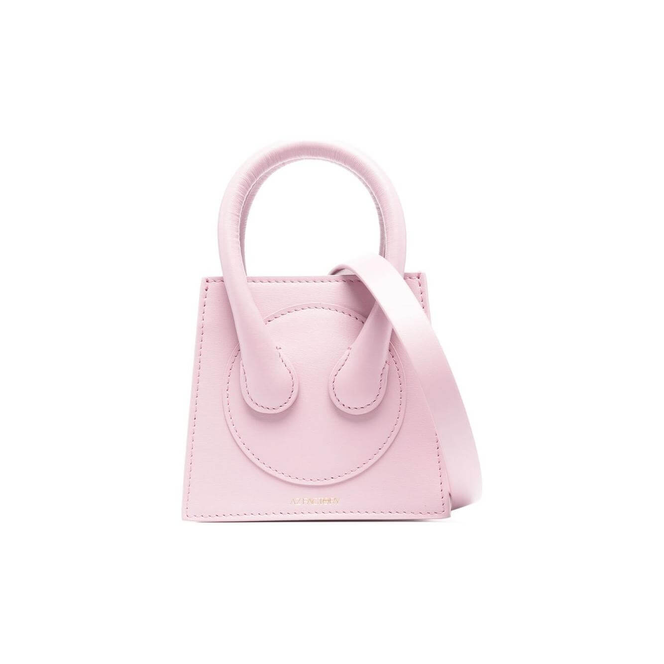 Light pink mini tote bag with rolled handles and detachable strap, Az Factory x Ester Manas design, calf leather with logo stamp.