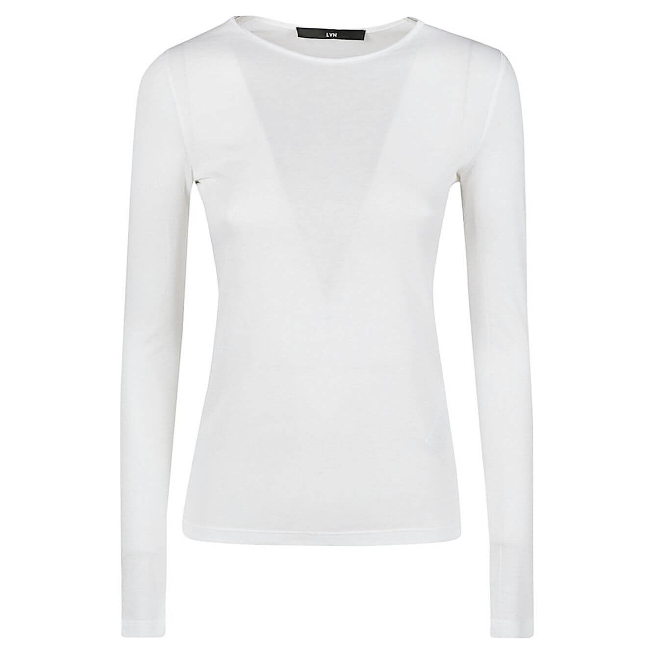 White Liviana Conti long sleeve cotton blend t-shirt, true to size, crew neck design, suitable for casual and formal wear.
