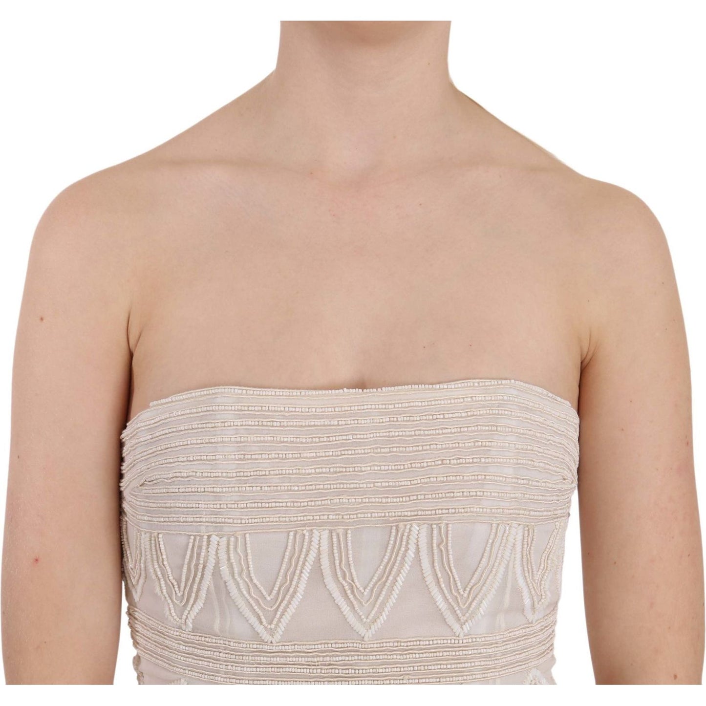 John Richmond Beige Beaded Silk Short Mini Gown Dress Dresses