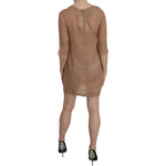 PINK MEMORIES Brown 3/4 Sleeve Crewneck Shift Mini Dress