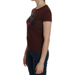 Exte Brown Heart Print Crew Neck T-shirt Short Sleeve Blouse