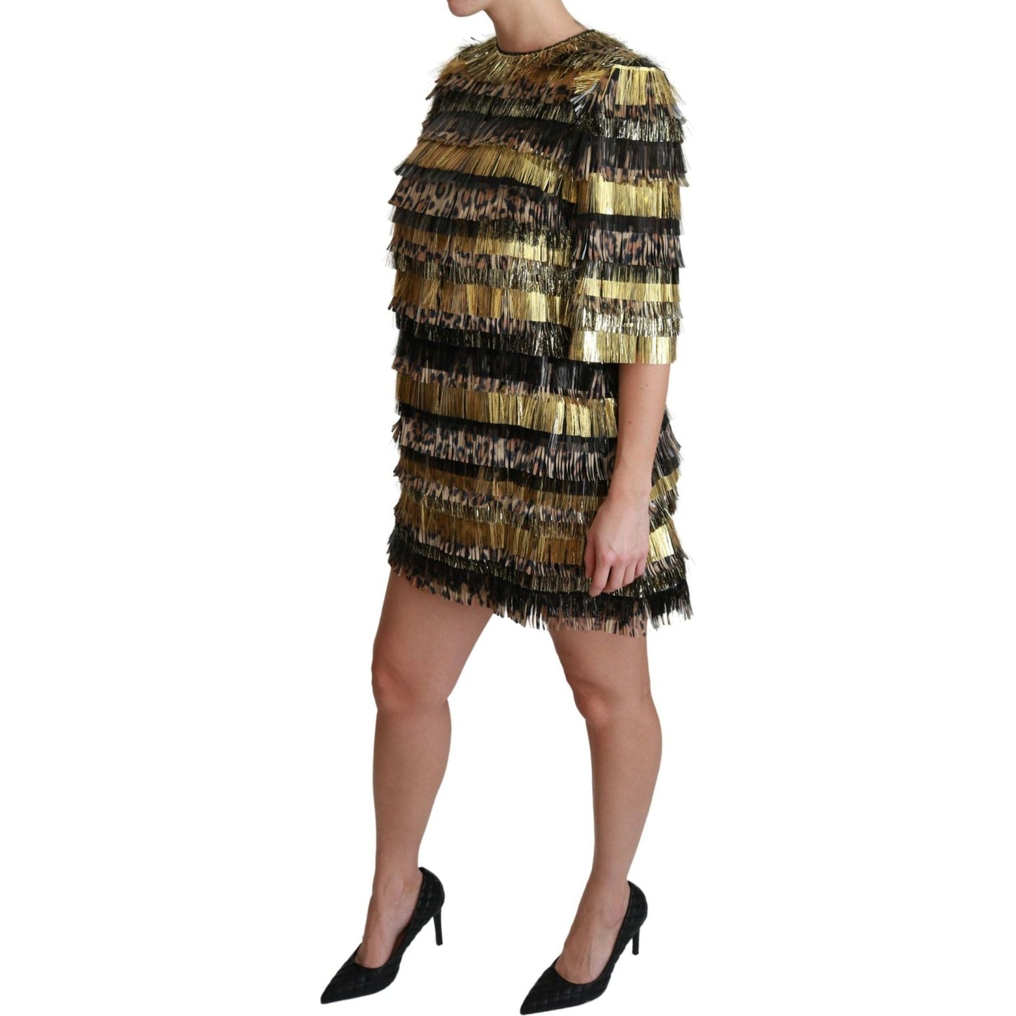 Dolce & Gabbana Polyester Black Gold Leopard Shift Mini Dress