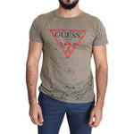Guess Brown Cotton Stretch Logo Print Men Casual Perforated T-shirt TSH5083-L