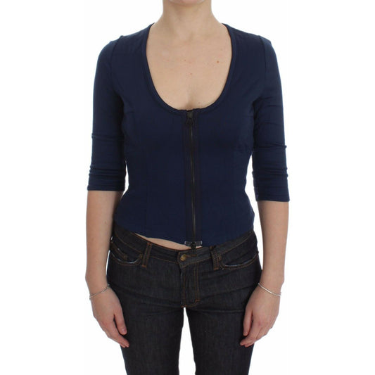 Exte Blue Cotton Top Zipper Deep Crew-neck Sweater