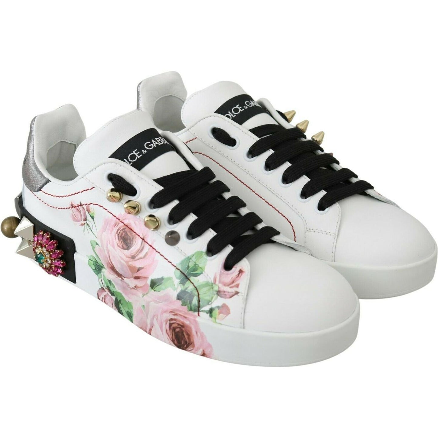Dolce & Gabbana Floral Crystal-Embellished Leather Sneakers Dolce & Gabbana Light Gray