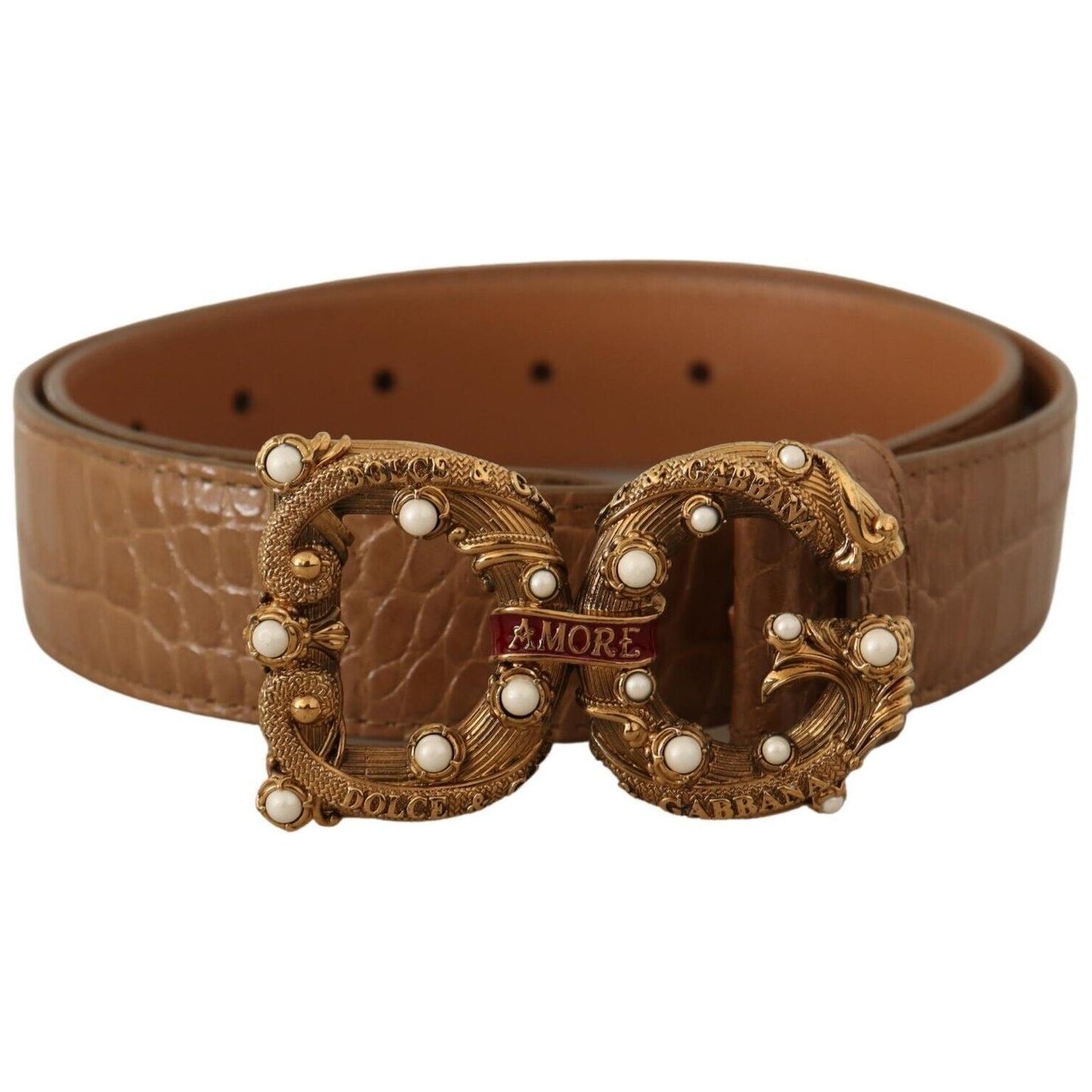 Dolce & Gabbana Brown Crocodile Pattern Leather Logo Amore Belt