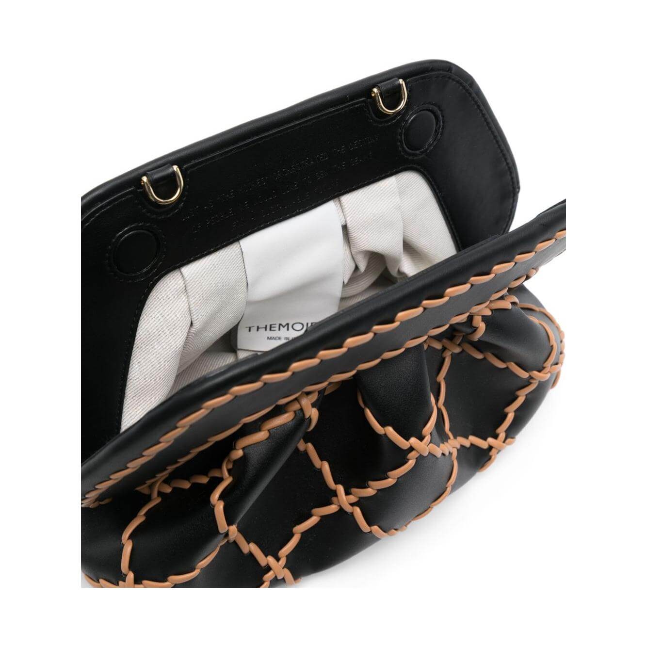 Themoire' black Tia clutch bag with bamboo design and protective dust bag included, open view showcasing interior size and fit.