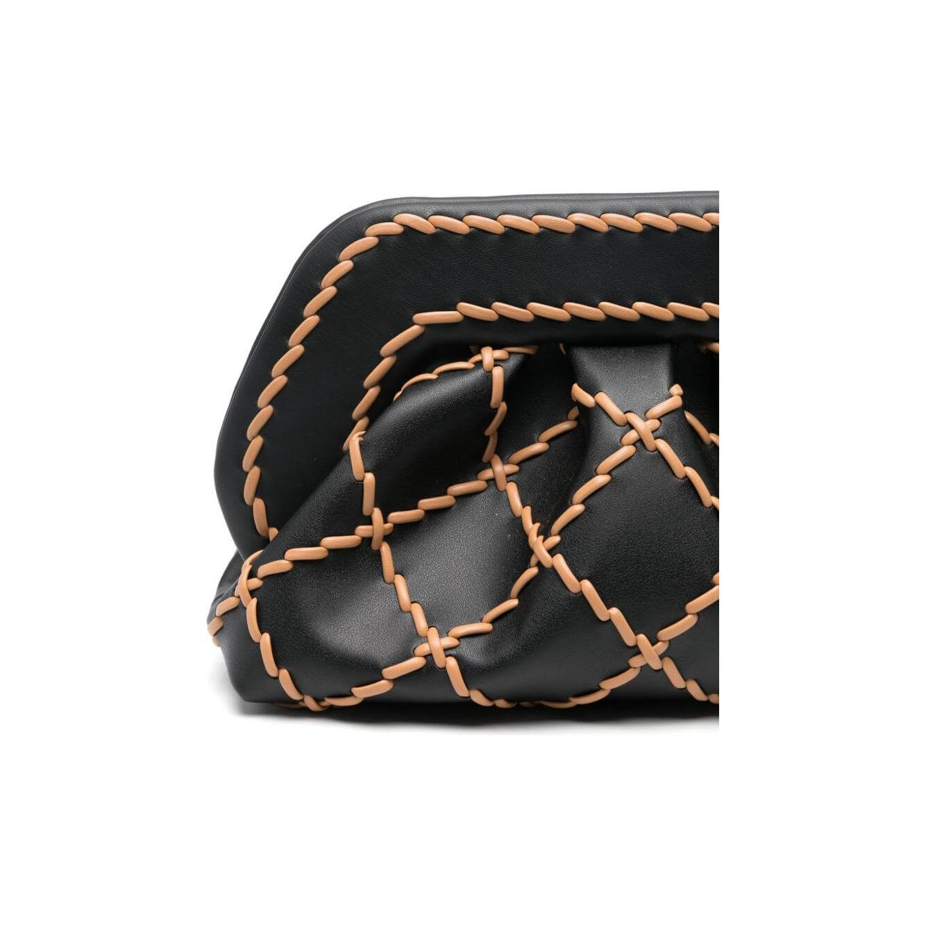 Close-up of Themoire' black Tia clutch bag with bamboo stitching, featuring quilted pattern and protective dust bag, luxury fashion.