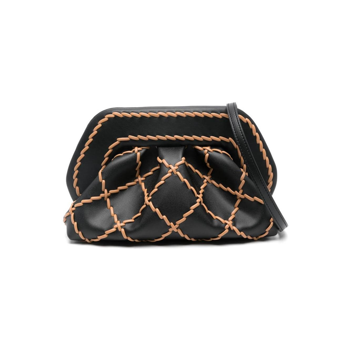 Themoire' Tia black bamboo clutch bag with protective dust bag, featuring unique stitching, size 10.63x6.69x4.53 inches.