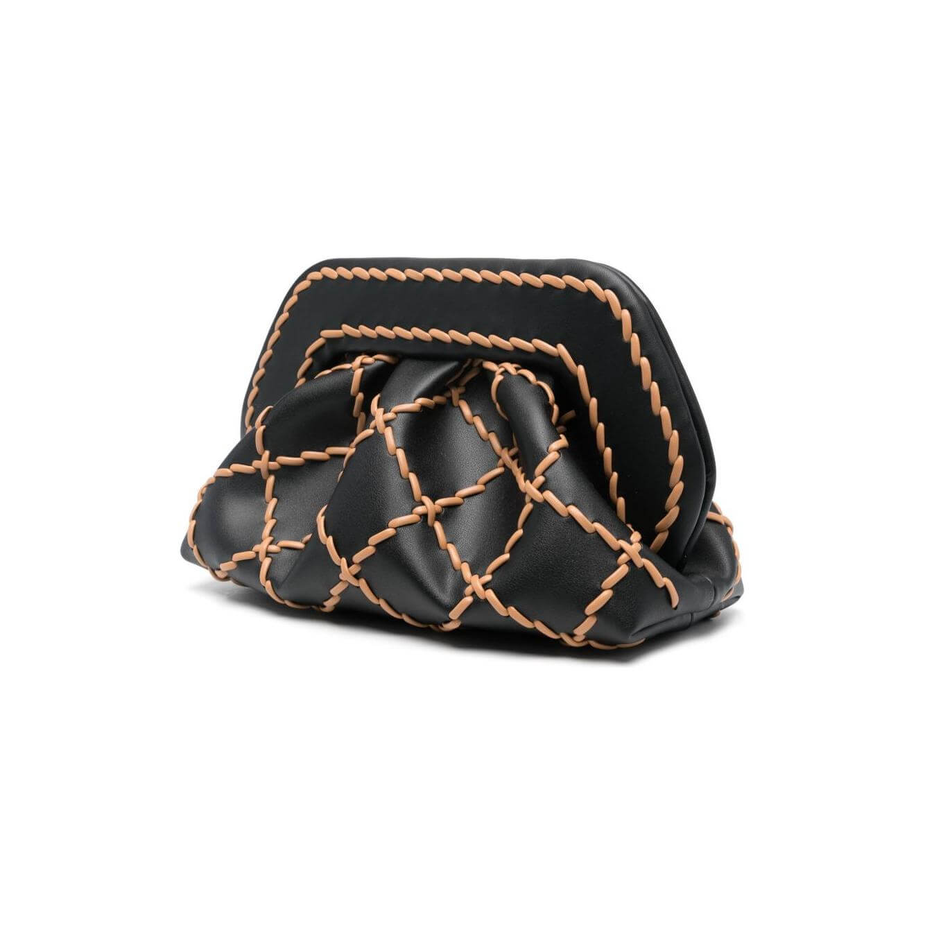 Themoire' Tia black clutch bag with bamboo design, includes protective dust bag. Dimensions: 27cm x 17cm x 11.5cm.