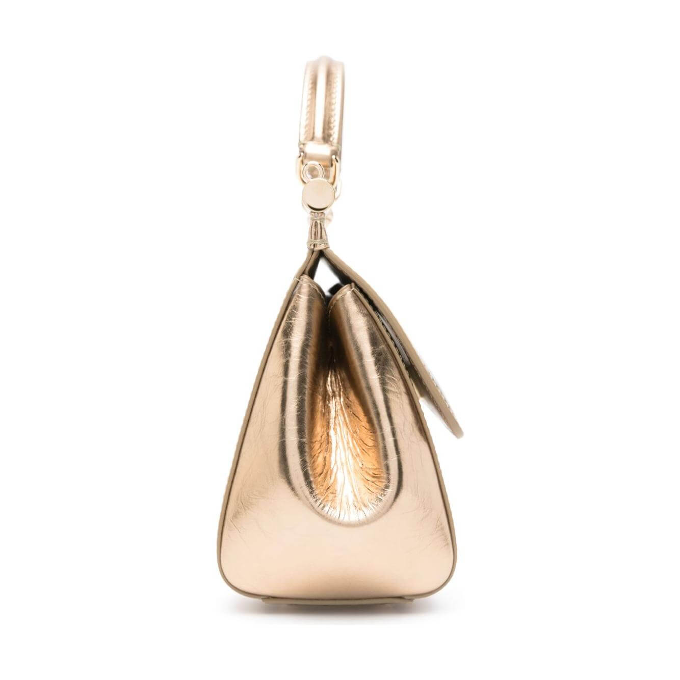 Side view of a Dolce & Gabbana Sicily metallic gold-tone leather tote bag with single top handle and buckle fastening.