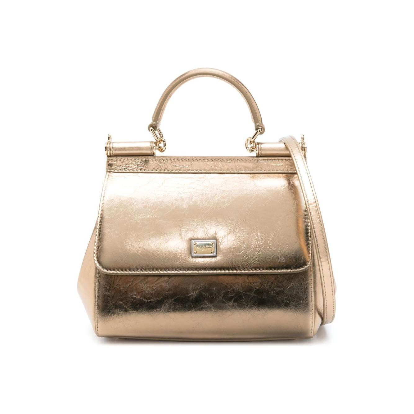 Dolce & Gabbana Sicily metallic leather tote bag with gold-tone buckle, top handle, and detachable strap, front view.