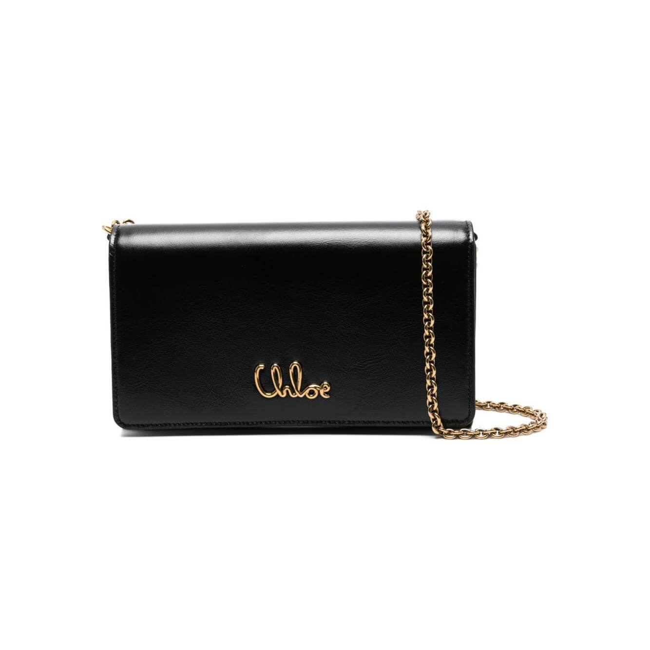 Chloé black leather crossbody bag with chain strap, featuring a foldover top and iconic logo design, perfect for stylish occasions.
