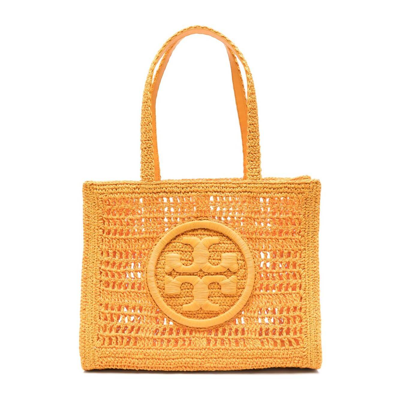 Carrot orange Tory Burch Ella small raffia tote with signature Double T motif and open top design, includes protective dust bag.