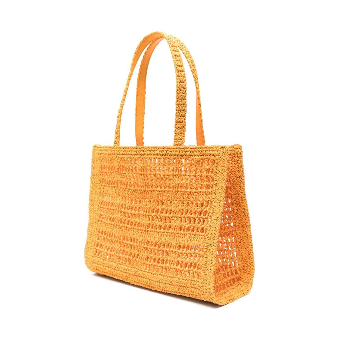 Tory Burch Ella Small raffia tote, carrot orange, featuring open top, two handles, signature Double T motif, includes dust bag.