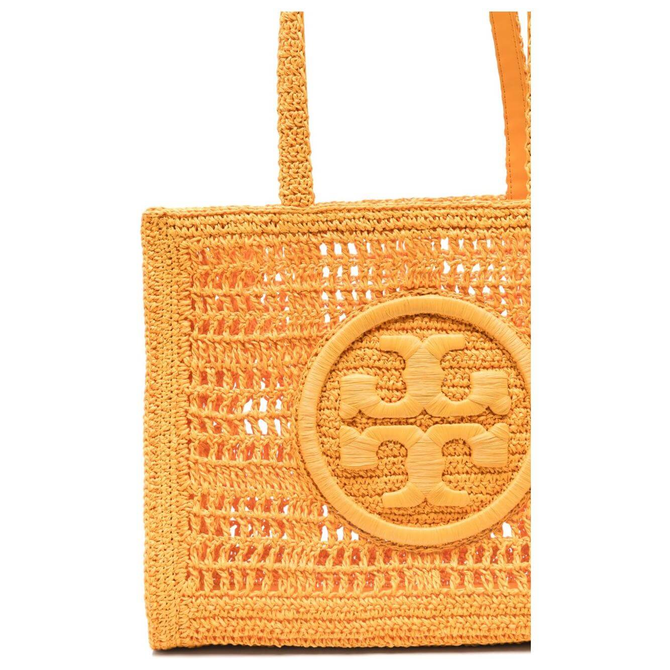 Tory Burch Ella small shopping bag in carrot orange with open top and Double T motif, handcrafted raffia design with two top handles.