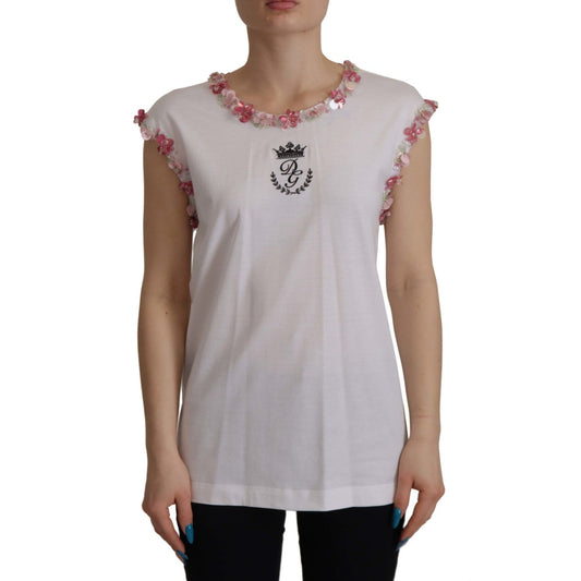 Dolce & Gabbana White DG Crown Floral Sequin T-shirt