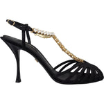 Dolce & Gabbana Black Satin Clear Crystal T-strap Sandal Shoes