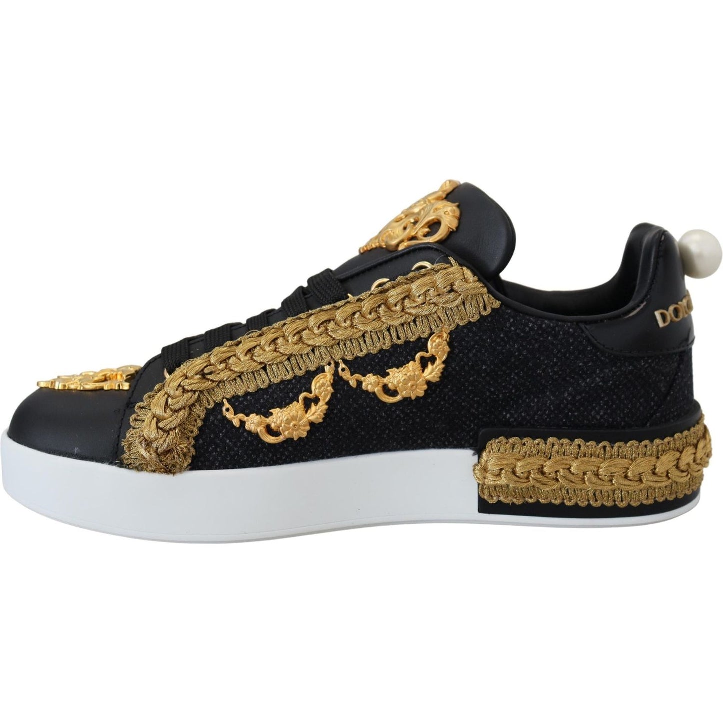 Dolce & Gabbana Black Gold Baroque Portofino Leather Sneakers Shoes LA10087- 36.5