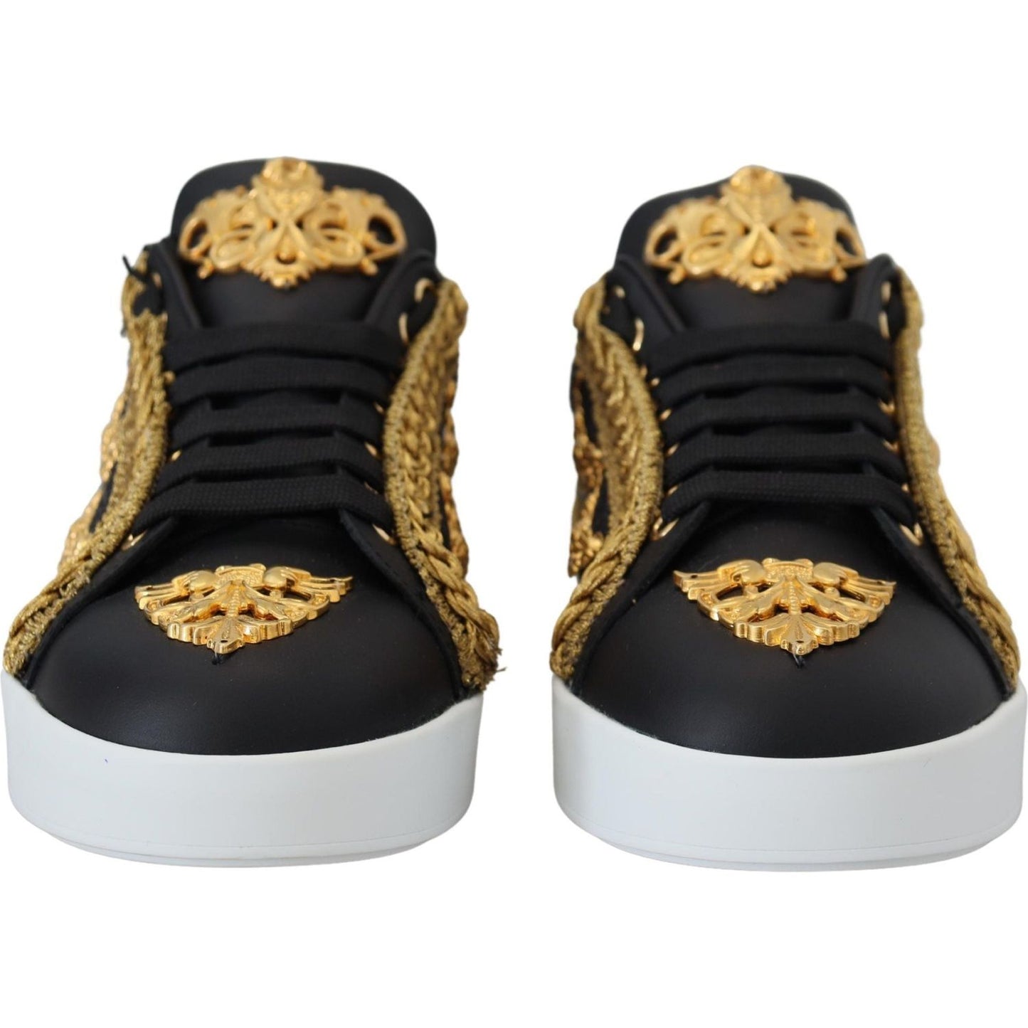 Dolce & Gabbana Black Gold Baroque Portofino Leather Sneakers Shoes LA10087- 36.5