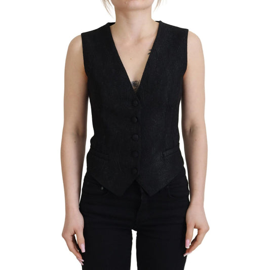 Dolce & Gabbana Black Brocade Button Down Sleeveless Vest Top