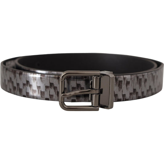 Dolce & Gabbana Gray Herringbone Leather Gray 3D Metal Buckle Belt