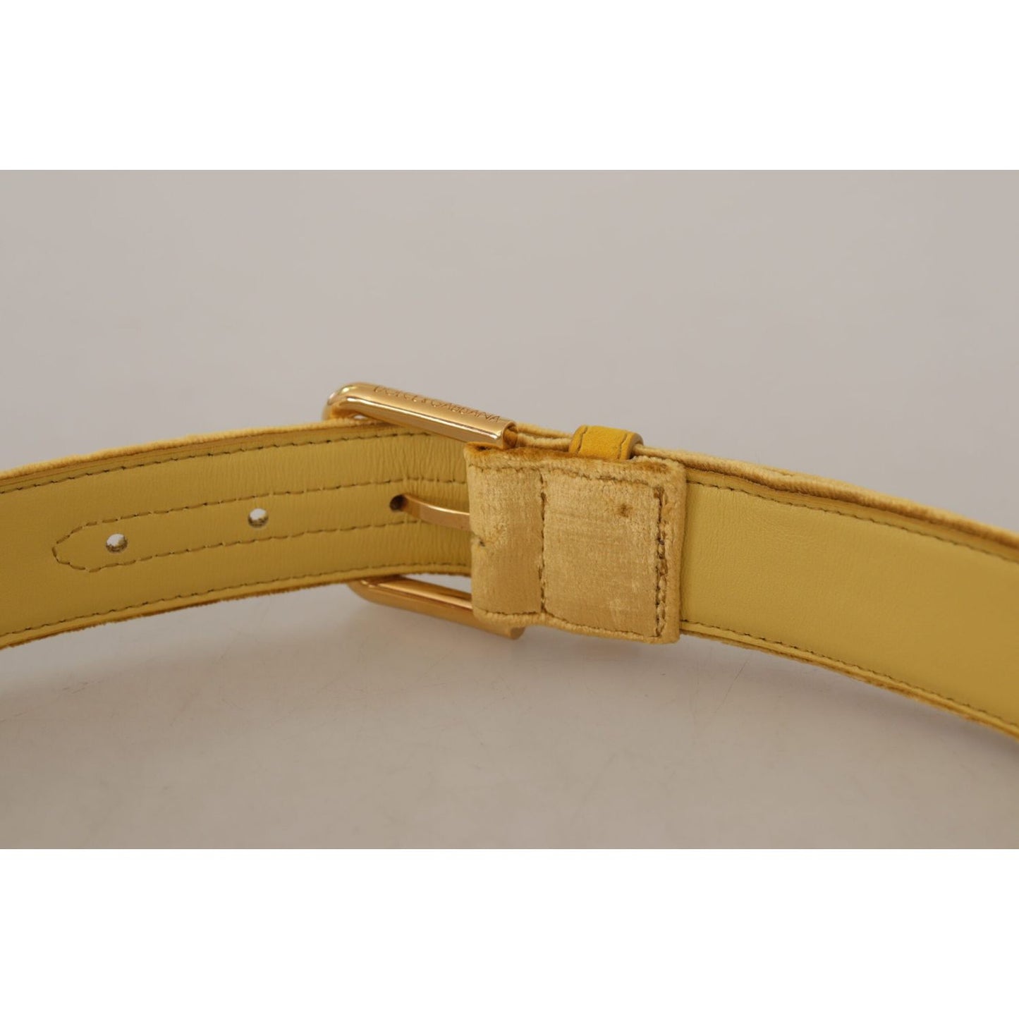 Dolce & Gabbana Yellow Velvet Gold Metal Logo Engraved Buckle Belt