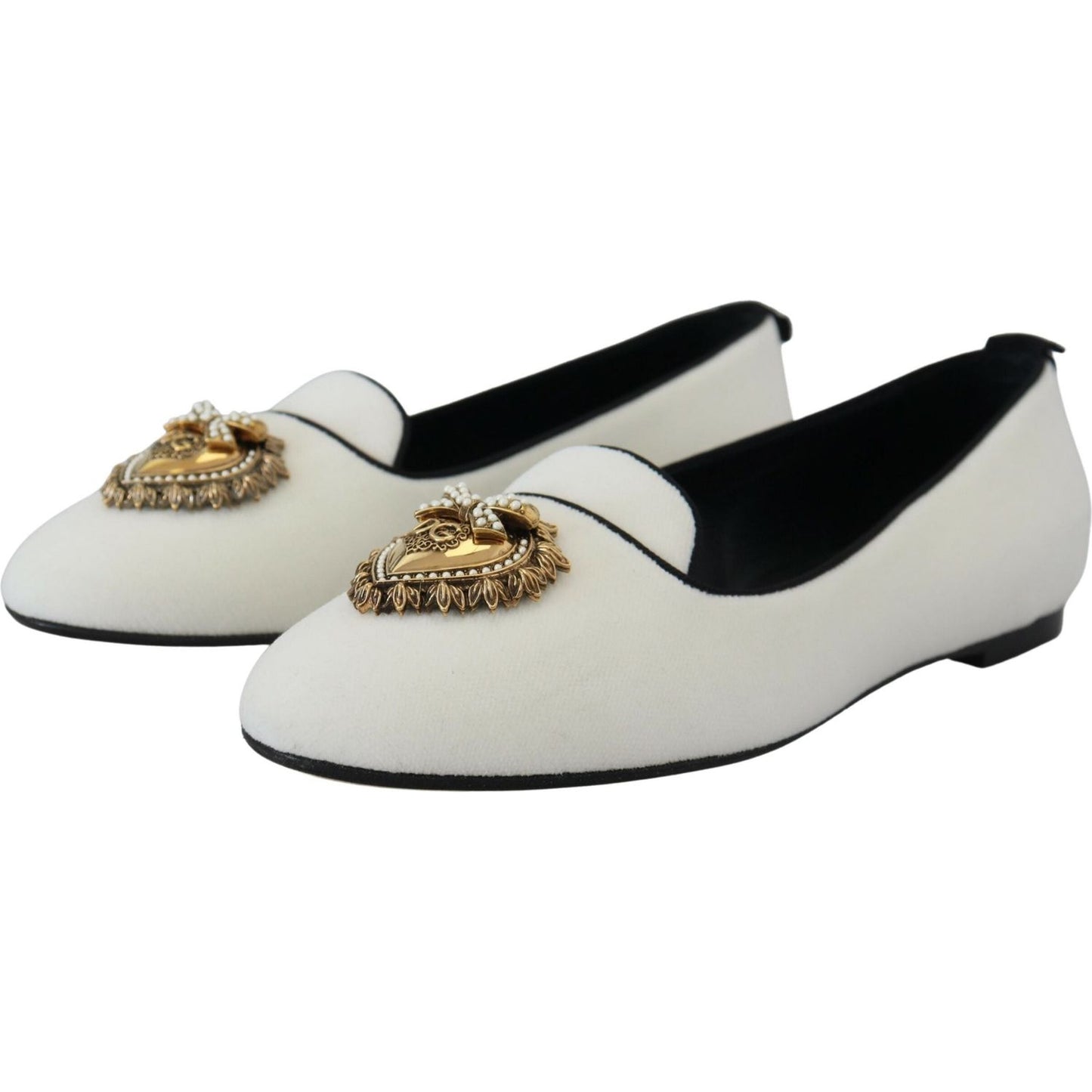 Dolce & Gabbana Elegant White Velvet Loafers with Gold Heart Detail Dolce & Gabbana Gray