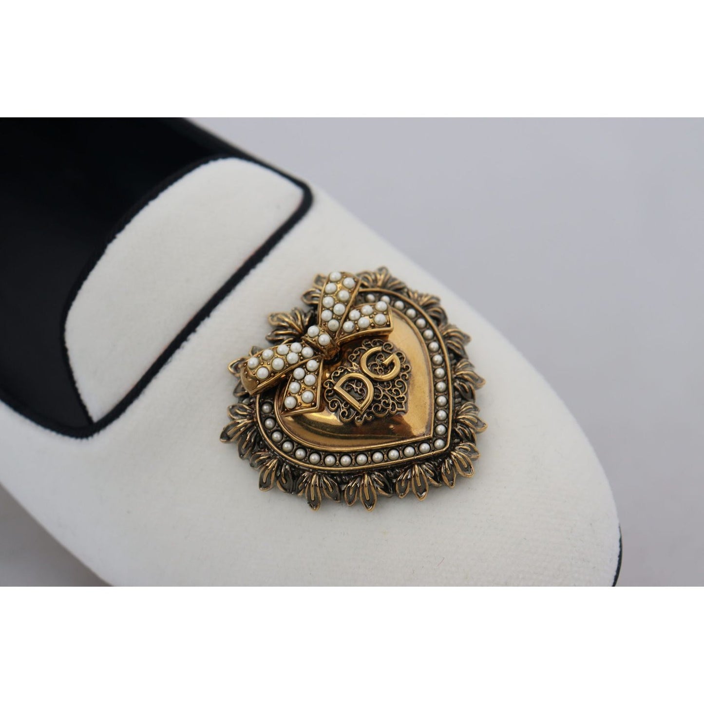 Dolce & Gabbana Elegant White Velvet Loafers with Gold Heart Detail Dolce & Gabbana Gray