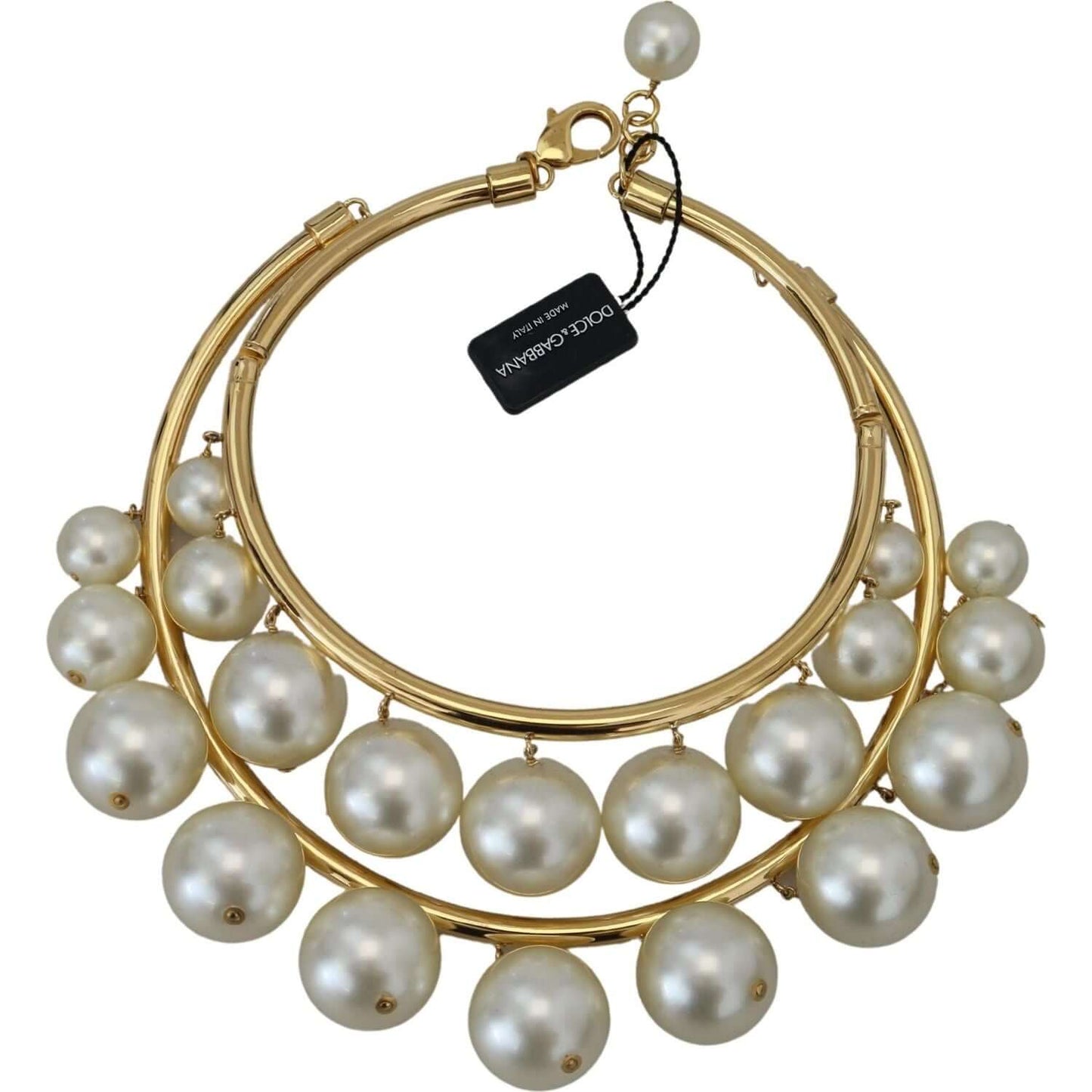 Dolce & Gabbana gold choker with faux pearl embellishments, luxurious jewelry accessory with elegant lobster clasp closure.