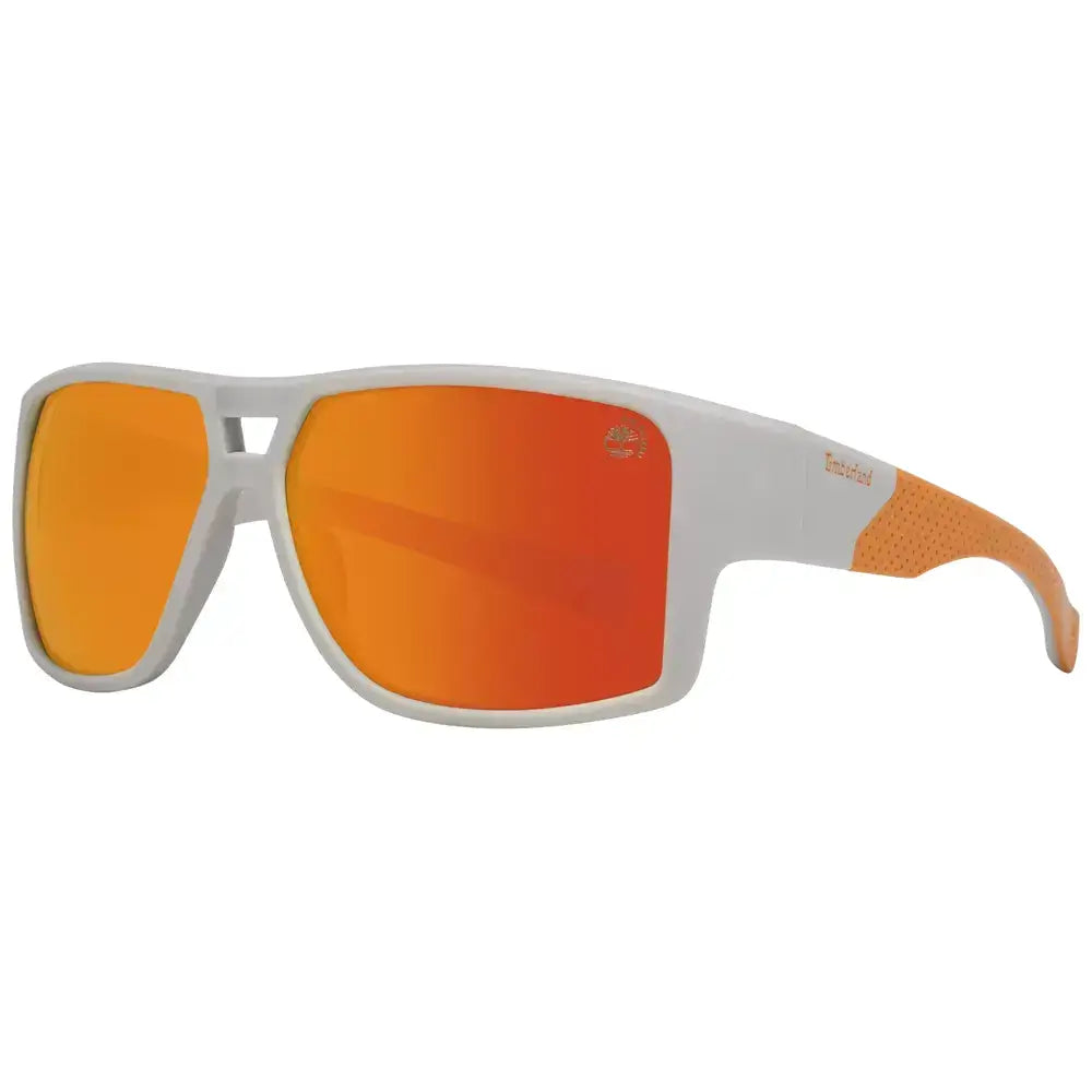 Timberland gray men's sport sunglasses with polarized multicolor lenses, grey plastic frame, UVA & UVB protection. Model size: 60-13-135.