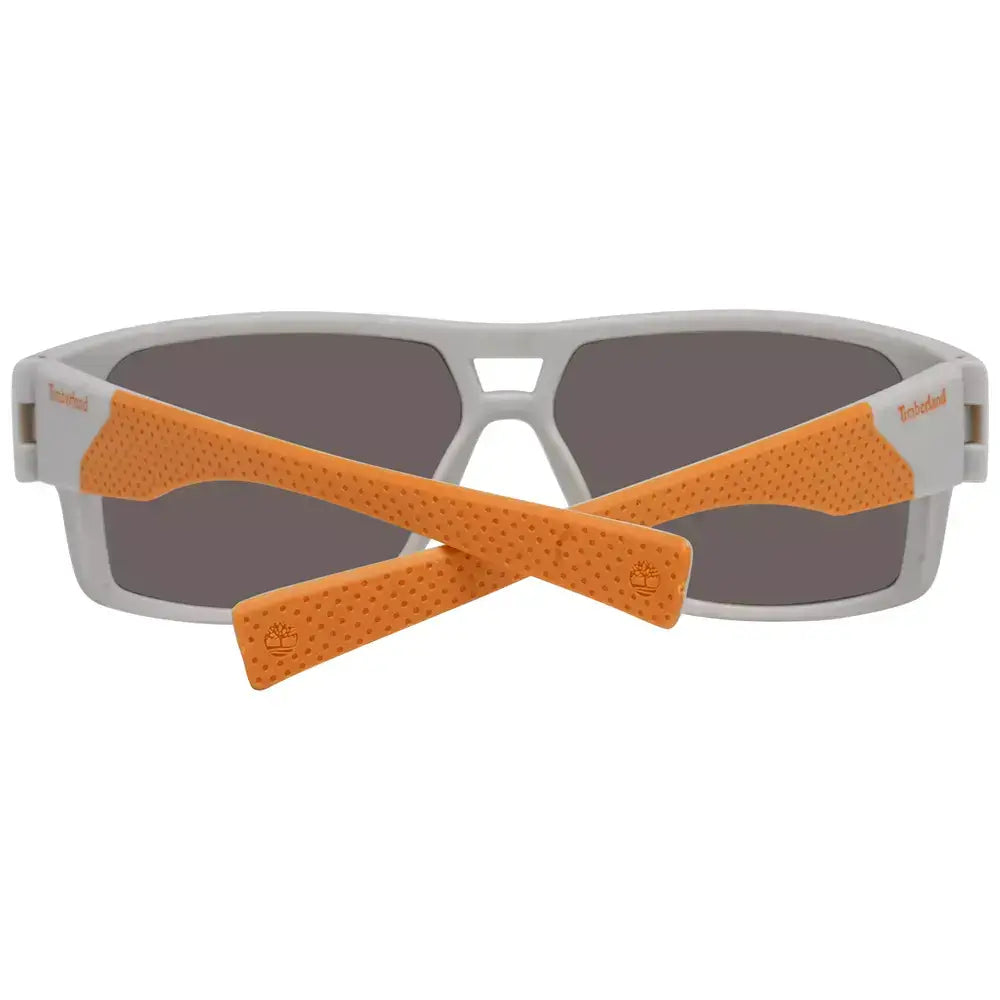 Timberland gray men's sport sunglasses with gray plastic frame, polarized multicolor lenses, and orange temples. 100% UVA/UVB protection.