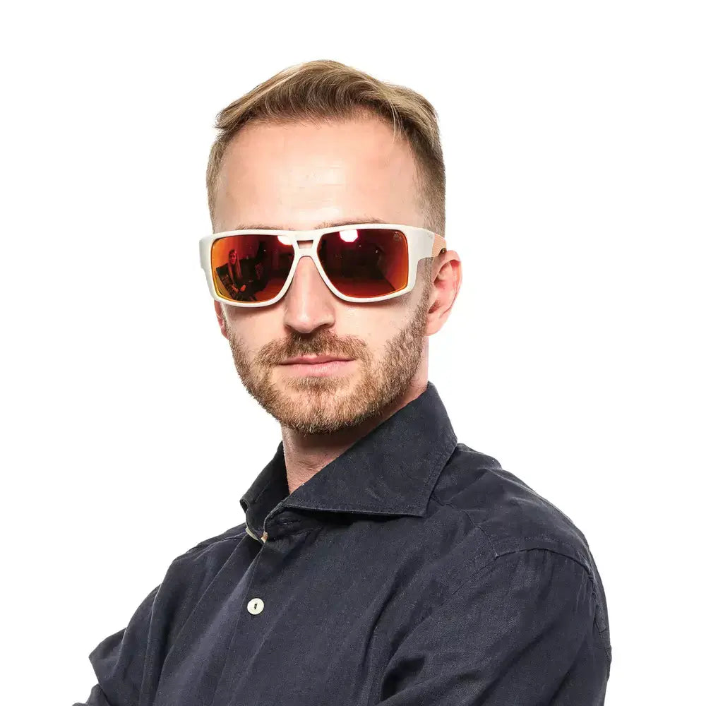 Man wearing Timberland Gray Men's Sports Sunglasses with multicolor polarized lenses offering 100% UVA & UVB protection.
