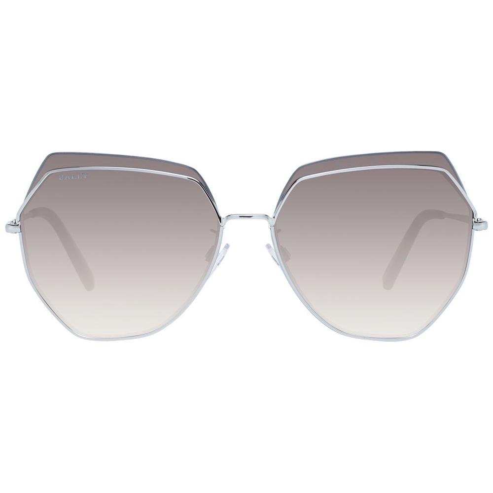Bally Silver Women's Sunglasses with silver metal frame, multicolor gradient plastic lenses, trapezium half-rim style, UV protection.