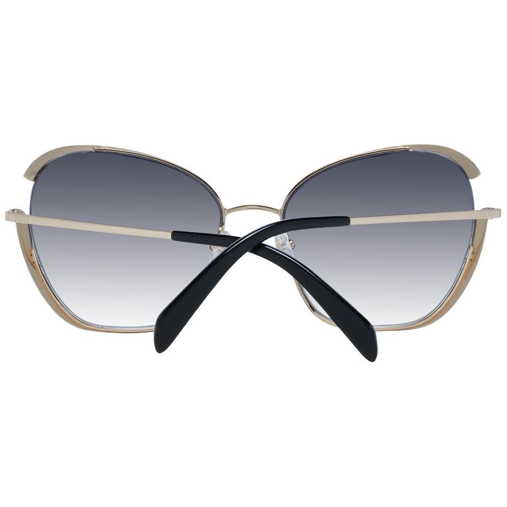 Emilio Pucci gold butterfly-style women's sunglasses with grey gradient mirrored lenses, full-rim metal frame. UVA & UVB protection.