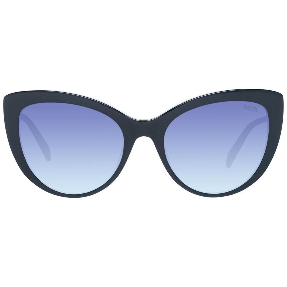 Emilio Pucci black cat eye sunglasses for women with gradient blue lenses and full-rim design, 100% UVA & UVB protection.