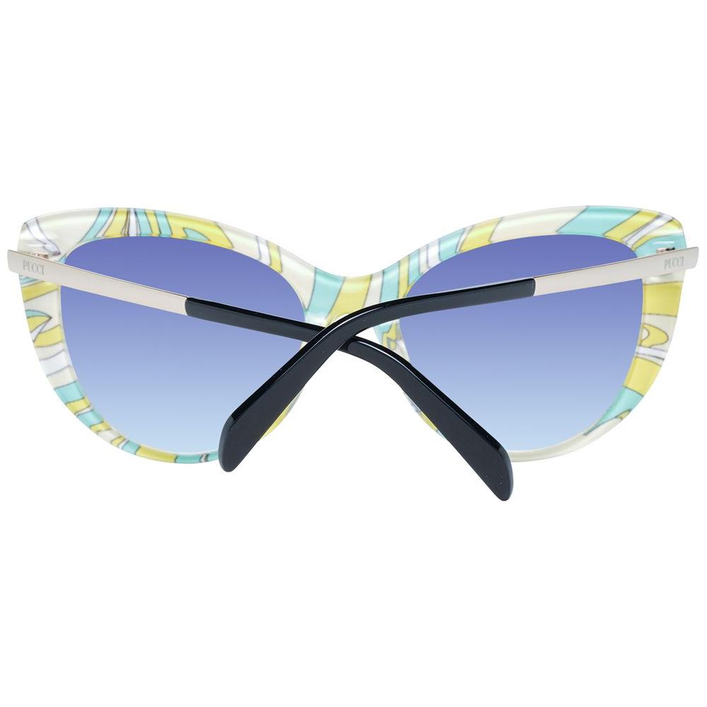 Cat eye sunglasses with blue gradient lenses and patterned rim, featuring a sleek full-rim plastic frame. Stylish eyewear for women.