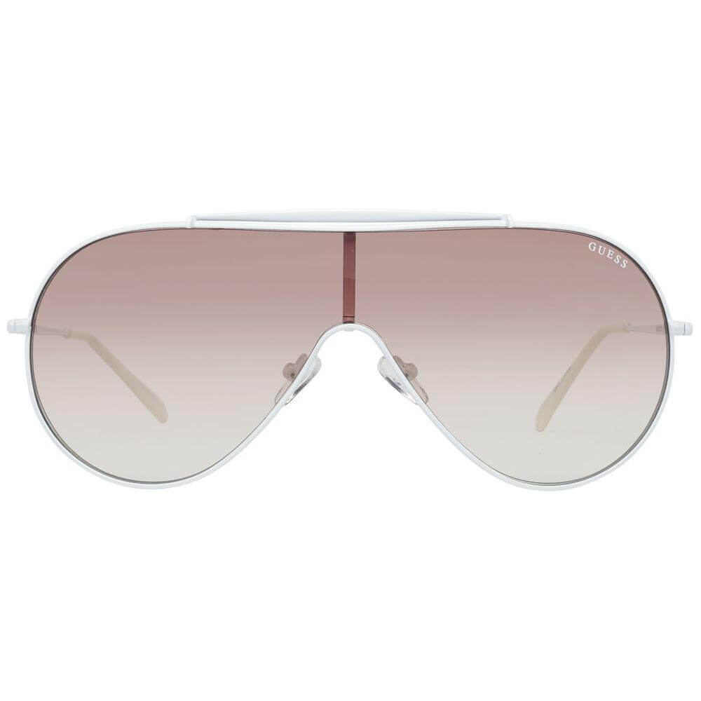 Guess white women's sunglasses with white metal frame and gradient brown lenses, offering 100% UVA and UVB protection.