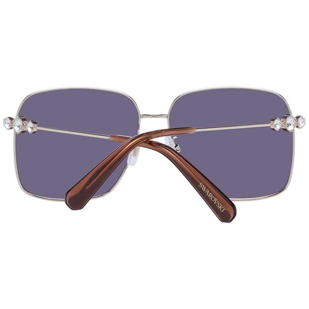 Swarovski gold square sunglasses for women with brown mirrored lenses, full-rim metal frame, offering 100% UVA & UVB protection.