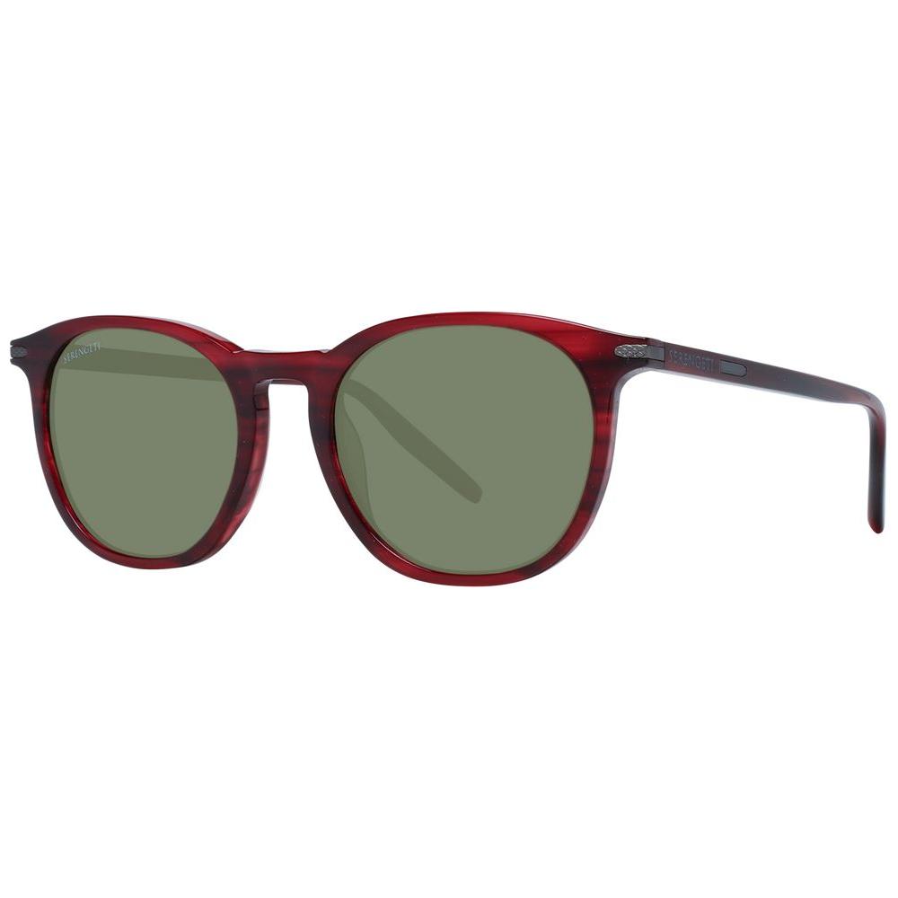Serengeti Red Unisex Sunglasses with polarized green lenses, full-rim acetate frame, 100% UVA/UVB protection, round style.