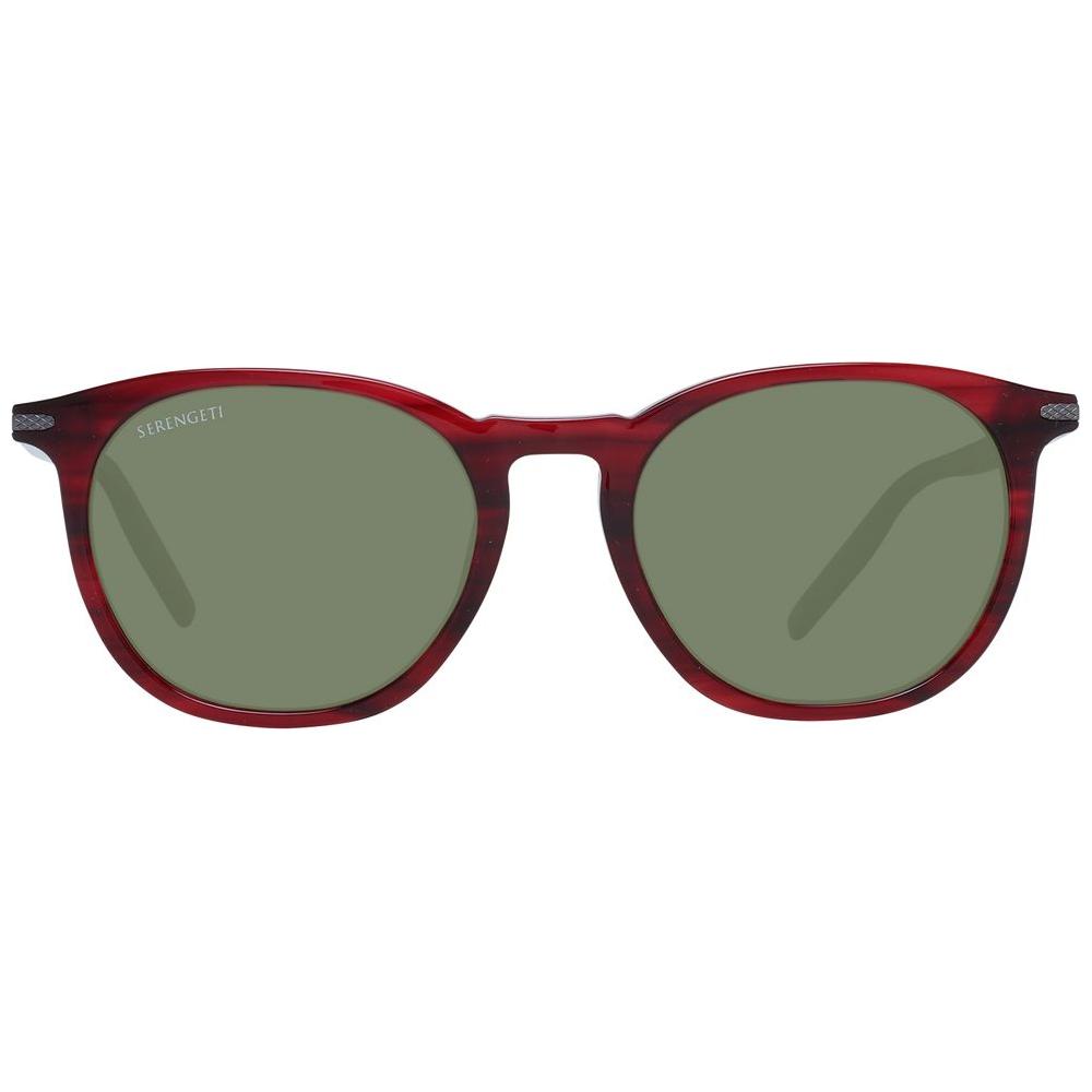 Serengeti red unisex sunglasses with green polarized lenses, full-rim round acetate frame, offering 100% UVA & UVB protection.
