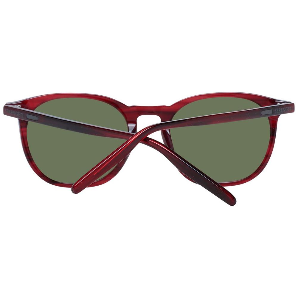 Serengeti Red Unisex Sunglasses with full-rim acetate frame and polarized green lenses, providing 100% UVA & UVB protection.