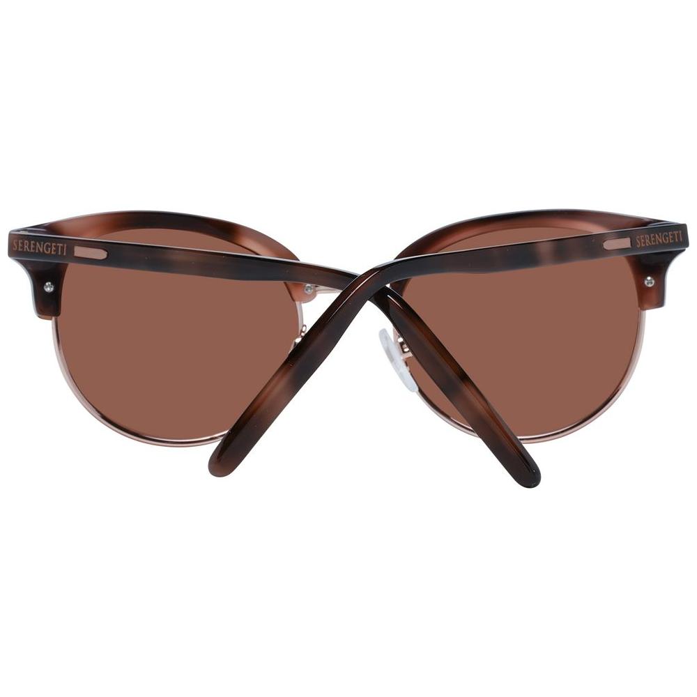 Serengeti Brown Women's Sunglasses, full-rim round style with polarized lenses, acetate & metal frame, offering 100% UVA & UVB protection.