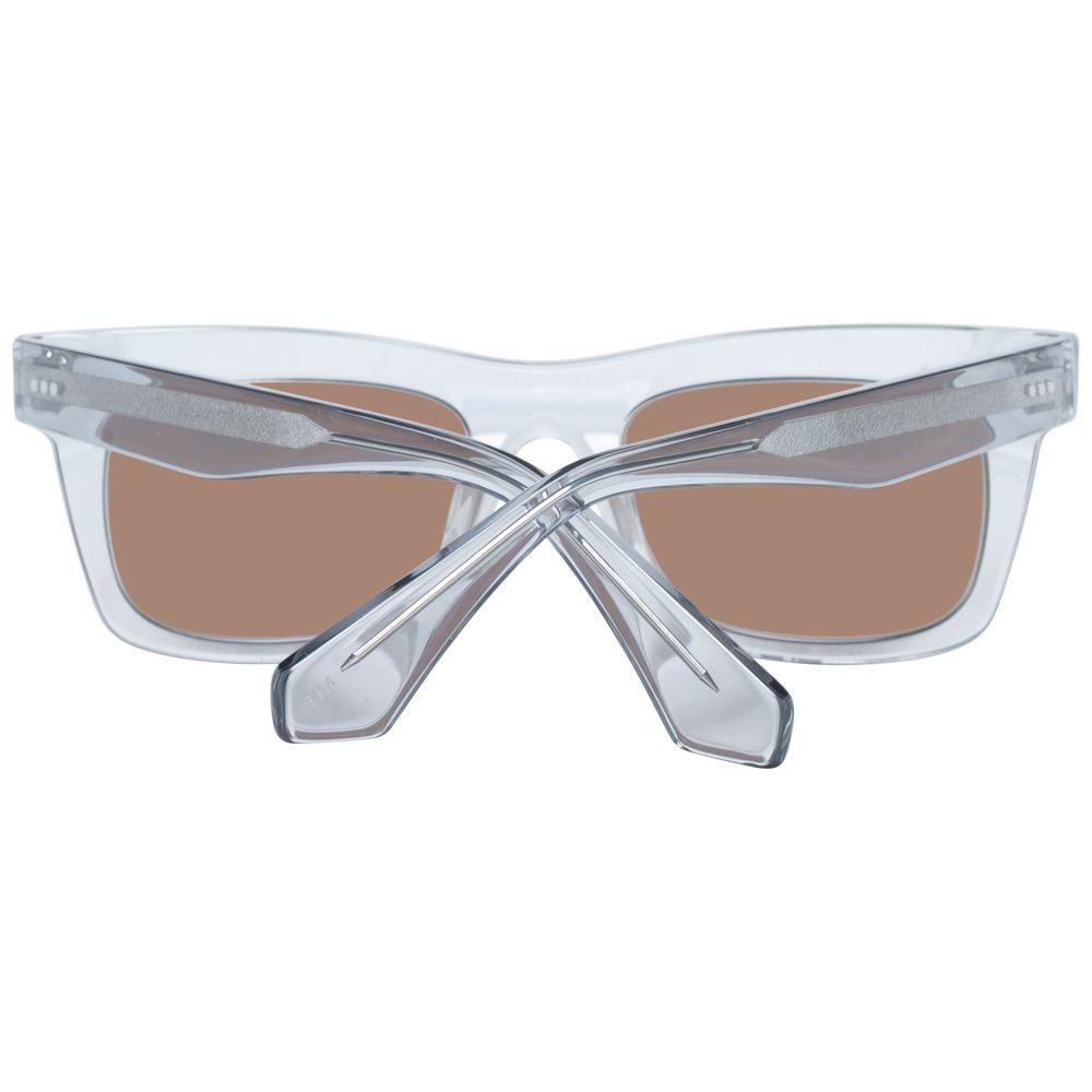 Sandro transparent women's sunglasses with full-rim rectangle design, brown lenses, acetate frame, offering 100% UVA & UVB protection.