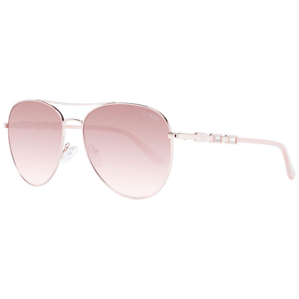 Guess rose gold women sunglasses with brown gradient lenses, metal frame, and full-rim aviator style. 100% UVA & UVB protection.