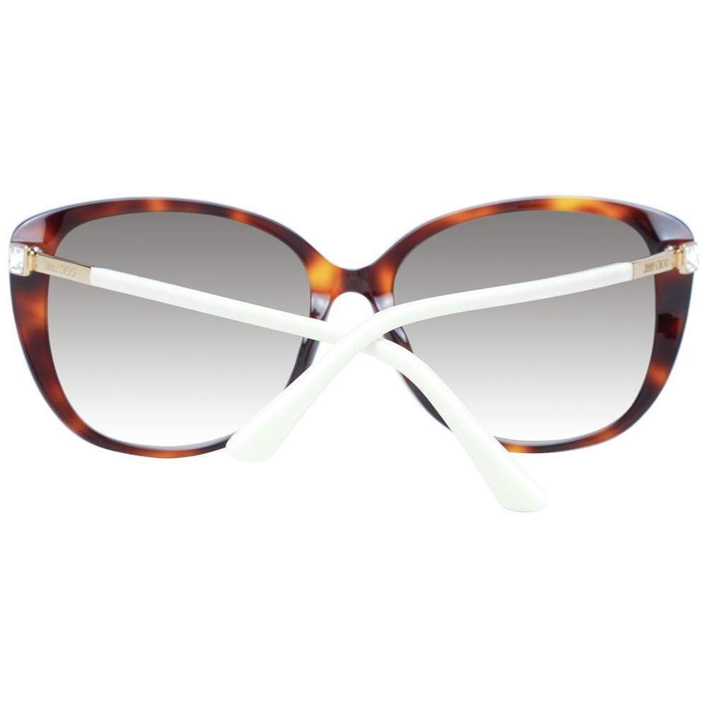 Jimmy Choo brown butterfly sunglasses for women with multicolor metal and plastic frame, grey gradient lenses, full-rim style.