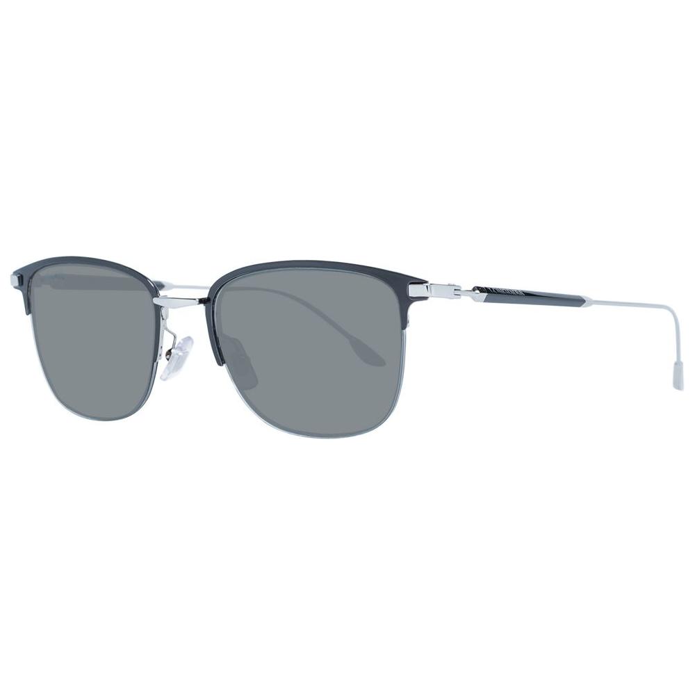 Longines black men's trapezium-style sunglasses with grey plastic lenses, black metal and plastic half-rim frame. 100% UVA/UVB protection.