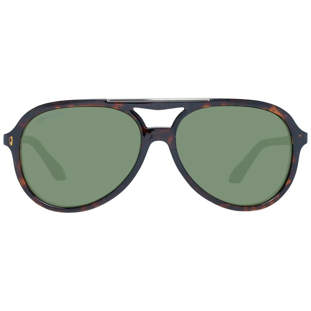Longines brown aviator sunglasses for men with green lenses, full-rim plastic frame, 100% UVA & UVB protection, model size 59-14-135.